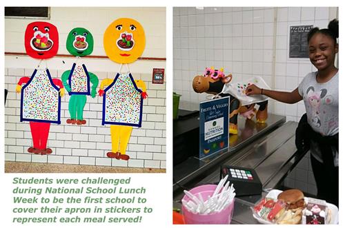 Students were challenged during NSLW to be the first school to cover their apron in stickers to represent each meal served! 